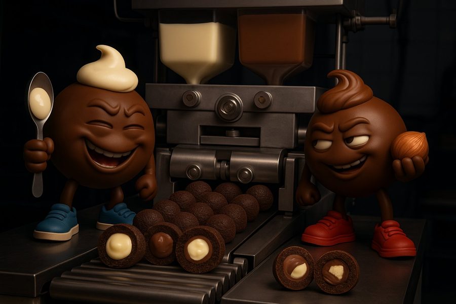 Filling machine producing Milkys with vanilla and praline cream