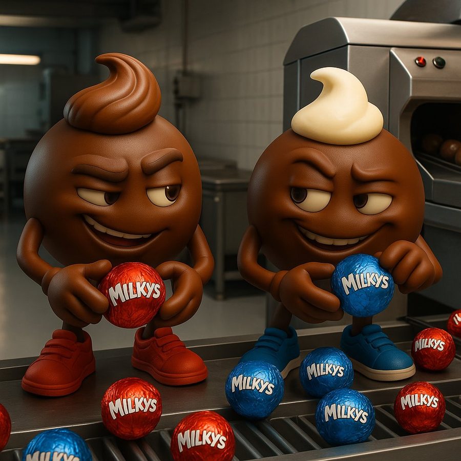 Red and blue foil-wrapped Milkys chocolates on conveyor