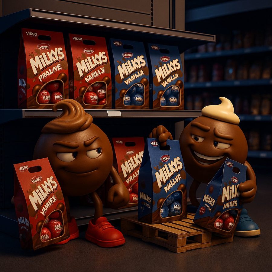Stocked supermarket shelves full of VISSO Milkys chocolates