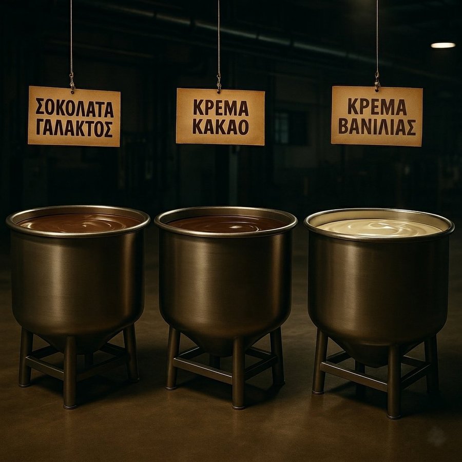 Vats of milk chocolate, cocoa cream and vanilla cream — VISSO Milkys ingredients