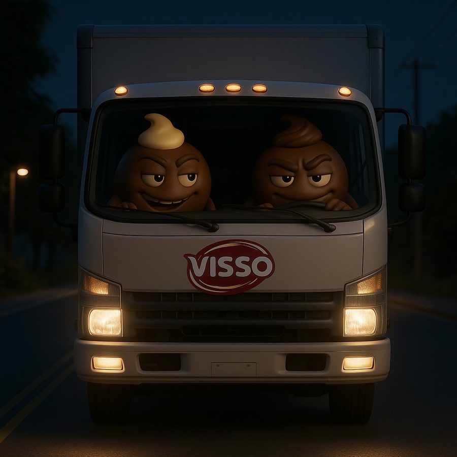 VISSO branded delivery truck driving through empty streets at night