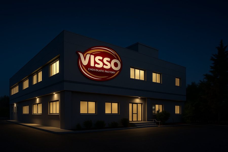 VISSO Chocolate Factory exterior at night, dark and closed
