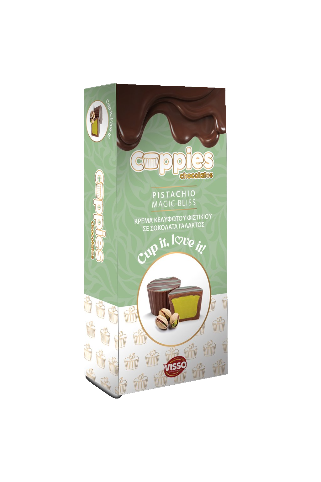 VISSO Cuppies Pistachio — milk chocolate cup with pistachio cream filling