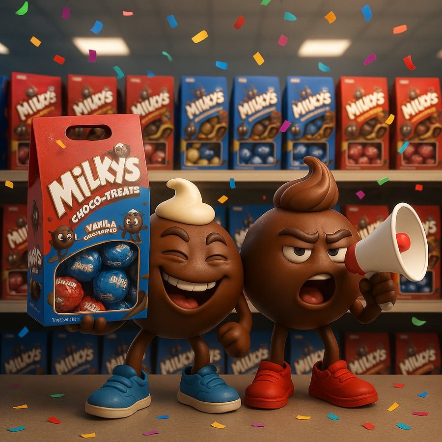 Whipz and Nux celebrating mission complete in supermarket aisle