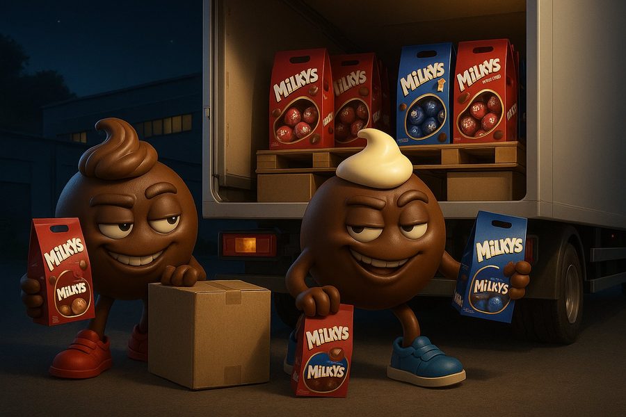 Whipz and Nux loading Milkys boxes onto VISSO delivery truck