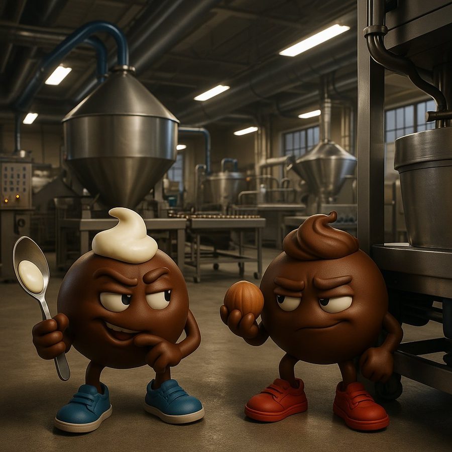 Whipz and Nux mascots starting work in the chocolate factory